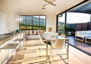 open plan kitchen dining and deck