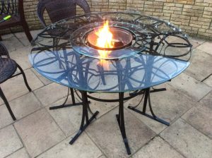 metal and glass fire table
