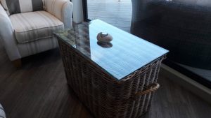 basket and glass tabletop