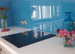 kitchen blue glass splashback